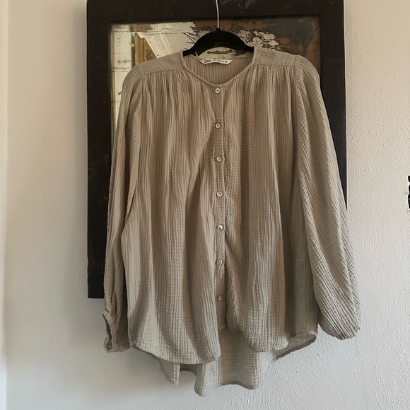 Zara Linen Gauze Balloon Sleeve Shirt - Picture 3 of 4